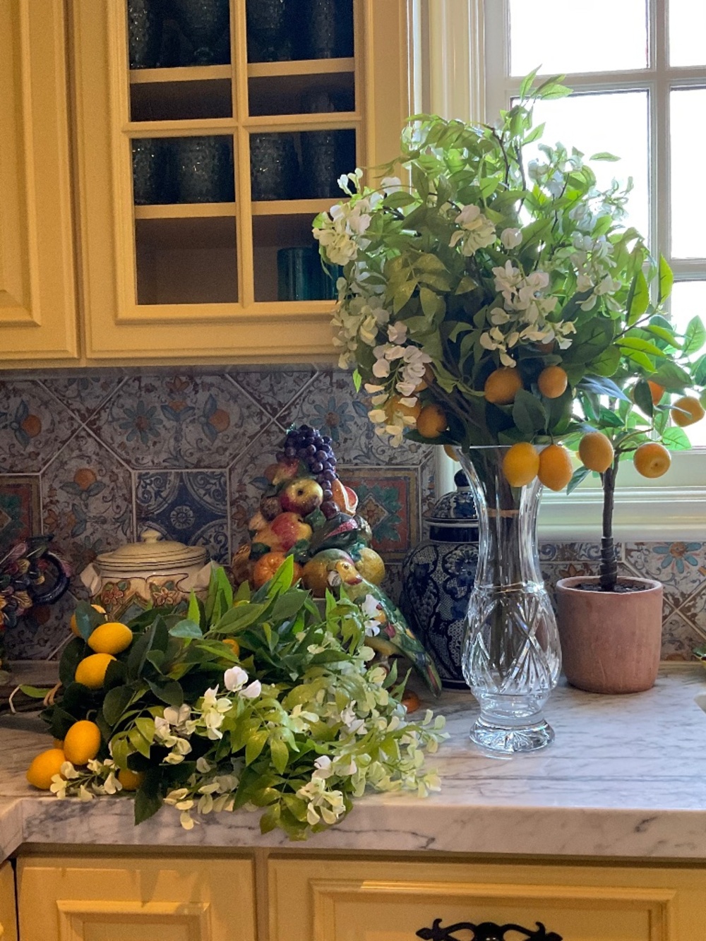 Pair of 2 faux flower arrangement made with faux lemons and small white/ green